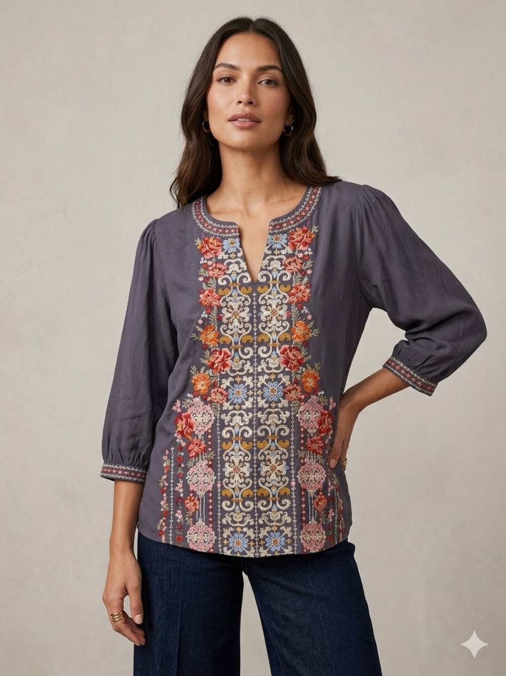 Savanna Jane Slate Gray Embroidered Peasant Blouse